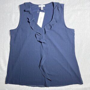 NWT Women's Calvin Klein Navy Blue Ruffle Front Tank Top V-Neck Size Medium
